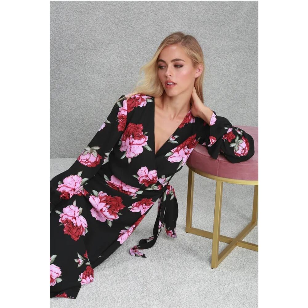 Lulus Romantic Blooms Black Floral Midi Wrap Dress Sz M Plunging Neck Black Pink - Picture 5 of 16